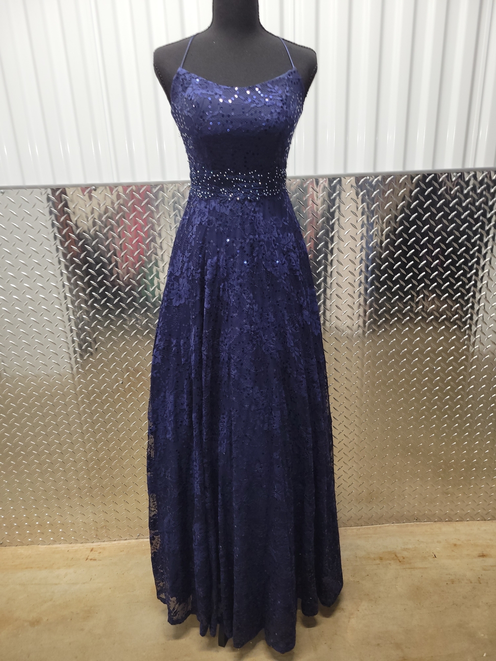 Say Yes to the Prom, Navy Blue Dress, Size 0, Lace, Sequins, and Rhinestones